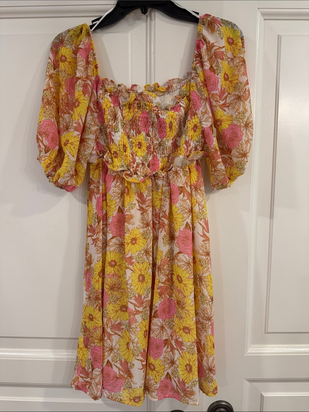 Flying Tomato Pink & Yellow Floral Puff-Sleeve Mini Dress